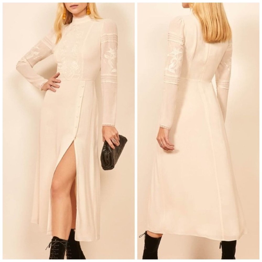 REFORMATION Adelia Dress Sz 10 NWT Cream Embroidered Long Sleeve Midi High Neck